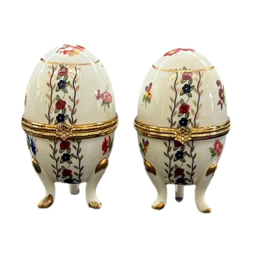 Trinket Box White Floral Gold Trim Hinged Footed Egg Set of‎ 2 Small